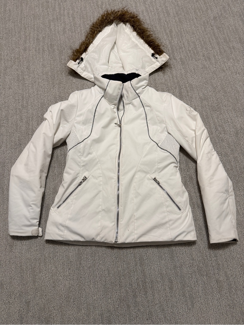 Spyder Women's Nuni Faux Fur Ski Snow Winter Jacket - White/Gray - Size 6